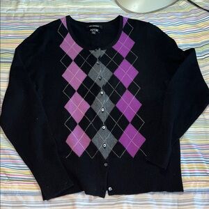 Apt. 9‎ Black Cardigan with Purple Pink Argyle Design L EUC